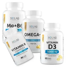SOLAB / Набор витаминов. Omega-3 90 капсул + Витамин Д3 5000 ME 120капсул + Магний +В6 120капсул + Витамины группы В 60капсул.